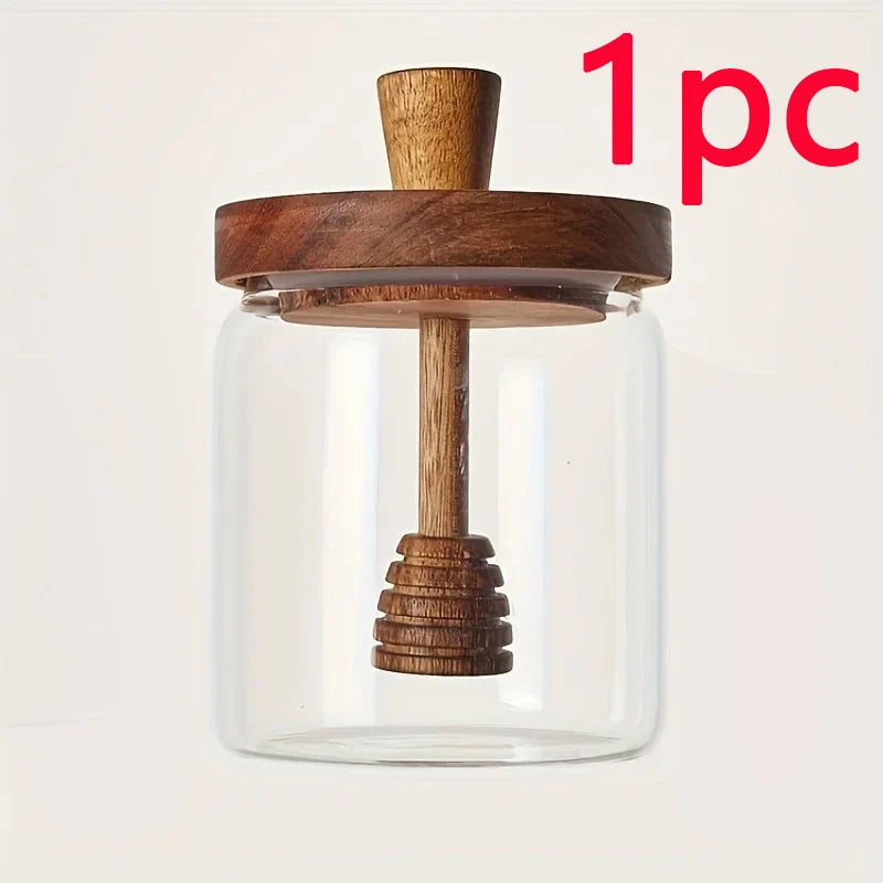 1/2/3pc Glass Honey Jar Honey Pot Airtight Advanced Glass Sealed Tank Mixing Rod with Wooden Cover Transparent Honey Bottle