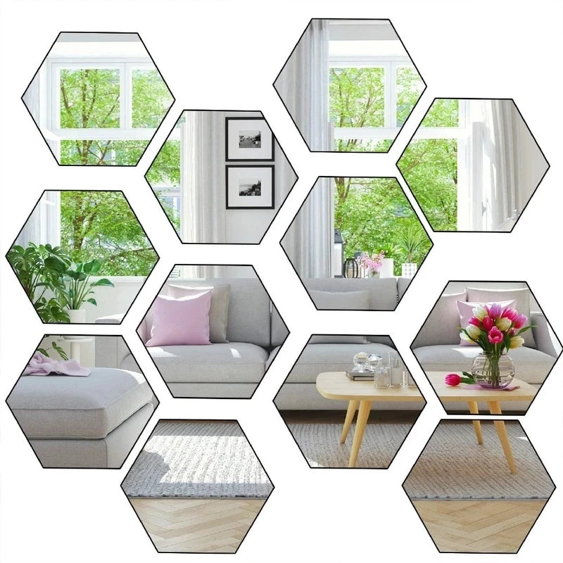 24/6Pc 3D Mini Mirror Wall Stickers Acrylic Self Adhesive Removable Hexagon Wall Decals Living Room Bedroom Art Mirror Ornaments