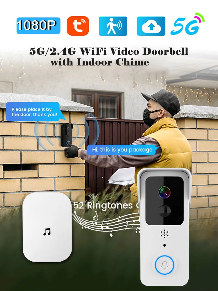 5G 2.4G WiFi Video Doorbell 1080P Tuya Smart Outdoor Wireless Intercom Waterproof Wireless Camera with AC/DC Power Ringing Bell