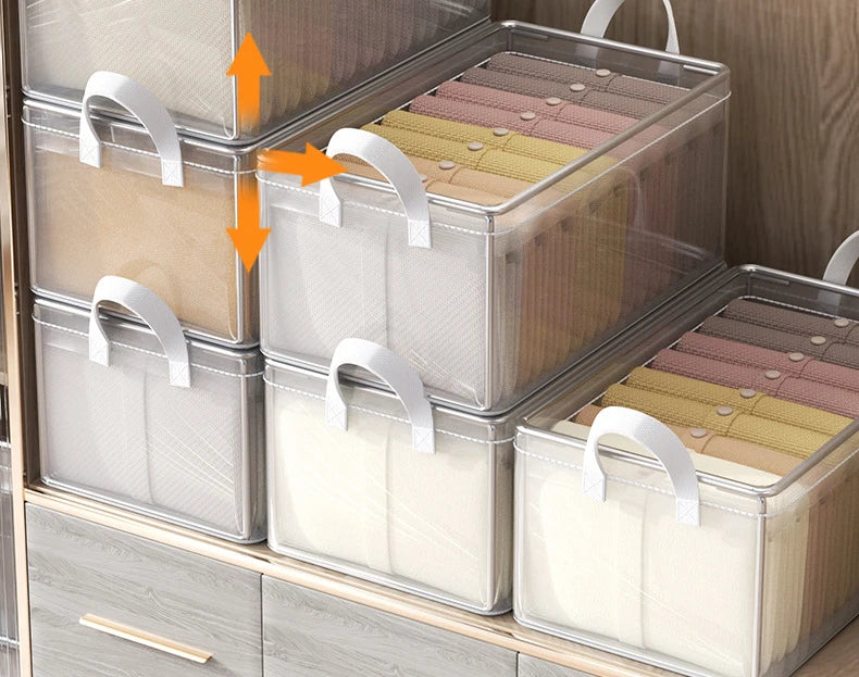 8PCS Storage Box Transparent Foldable Stackable Organizers with Steel Frames and Reinforced Handles for Clothes Books Sundries
