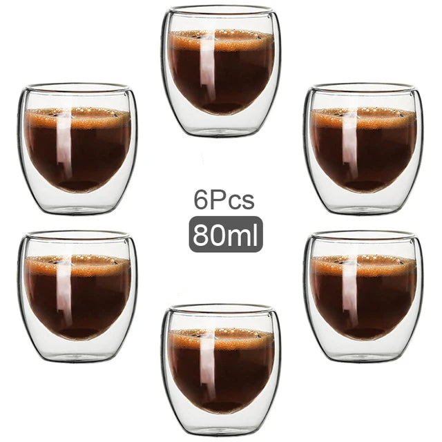 6pcs,80ML Glass Coffee Mugs,Double Wall Glass Coffee Cups,Insulated Espresso Cups,Cold Drinking Wine Shot Glasses,Tea cups
