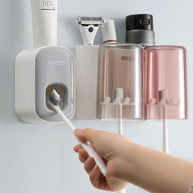 ECOCO Bathroom Toothbrush Holder Organizer with Cup Toothpaste Squeezer Dispenser Wall Storage Rack Bathroom Accessories Shelf