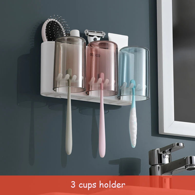 ECOCO Bathroom Toothbrush Holder Organizer with Cup Toothpaste Squeezer Dispenser Wall Storage Rack Bathroom Accessories Shelf