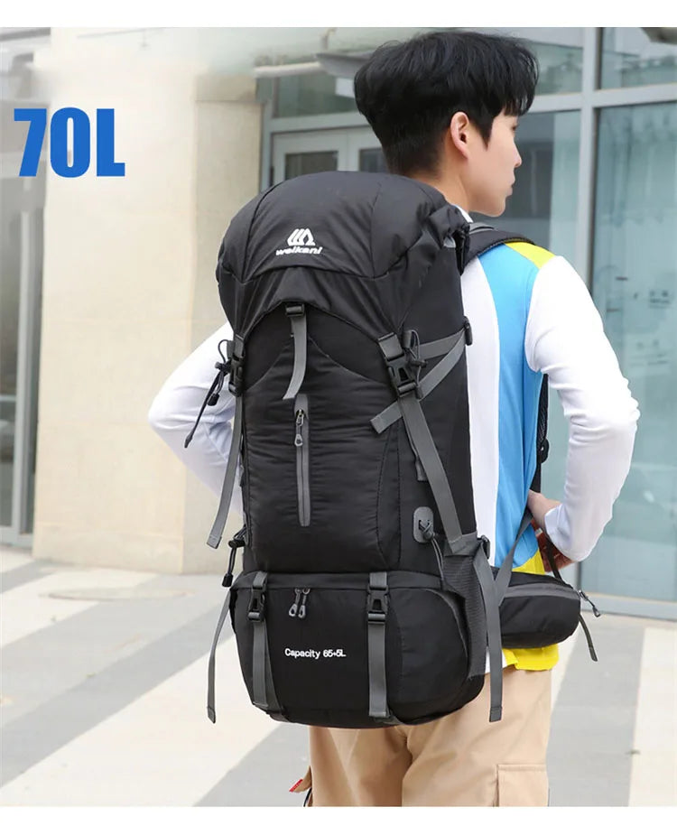 70L Nylon Camping Backpack Travel Bag With Rain Cover Outdoor Hiking Daypack Mountaineering Backpack Men Shoulder Bags Luggage
