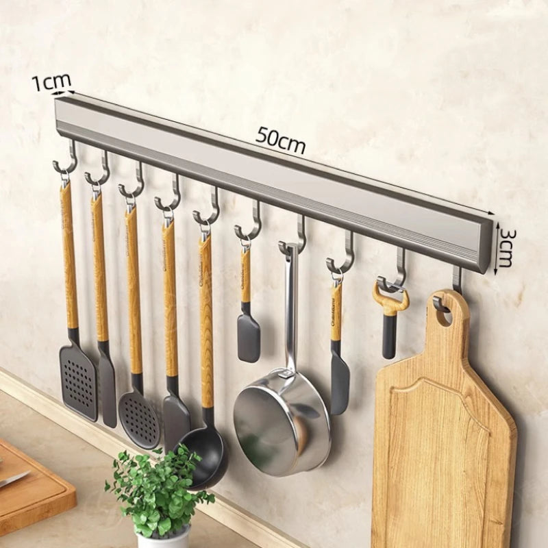 Aluminum Alloy Hooks Rack Wall Mounted Drill-Free Kitchen Utensils Storage Row Hook Holder Bathroom Robe Towel Coat Hangers