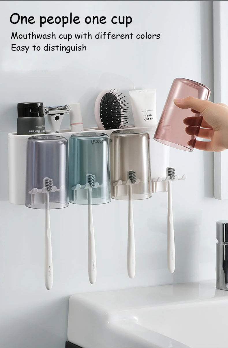 ECOCO Bathroom Toothbrush Holder Organizer with Cup Toothpaste Squeezer Dispenser Wall Storage Rack Bathroom Accessories Shelf
