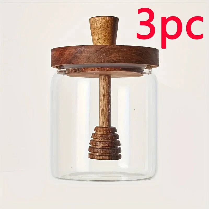 1/2/3pc Glass Honey Jar Honey Pot Airtight Advanced Glass Sealed Tank Mixing Rod with Wooden Cover Transparent Honey Bottle