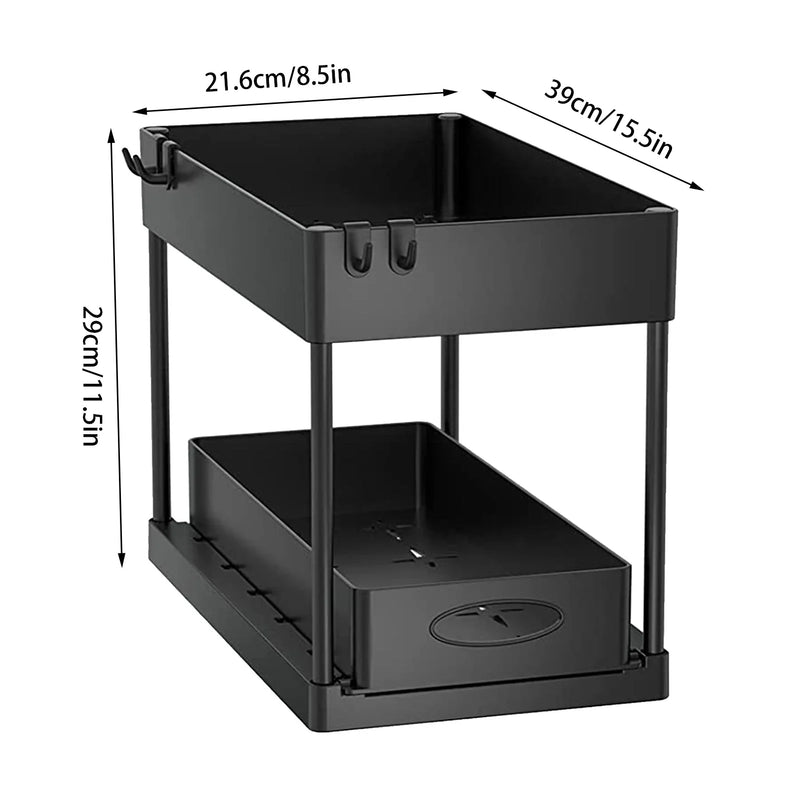 2Packs Under Sink Organizer Sliding Cabinet Basket Organizer Storage Rack with Hooks Hanging Cup Bathroom Kitchen Organizer