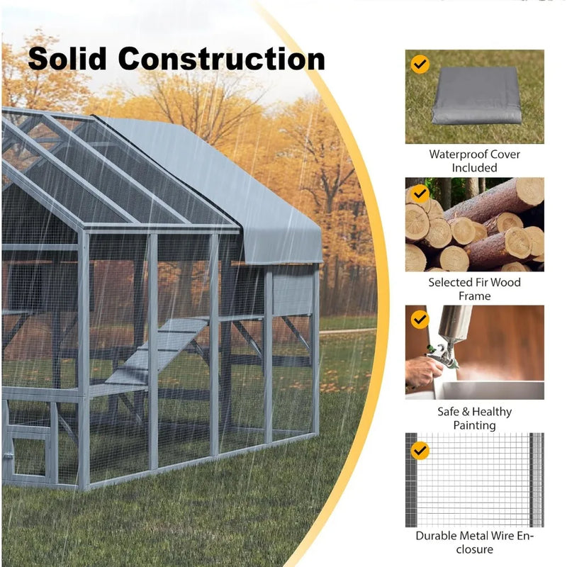 Cat Catio, Large Catio Outdoor Cat Enclosure for Multiple Cats with 7 Platforms, 2 Resting Box and 2 Bridges, Wooden