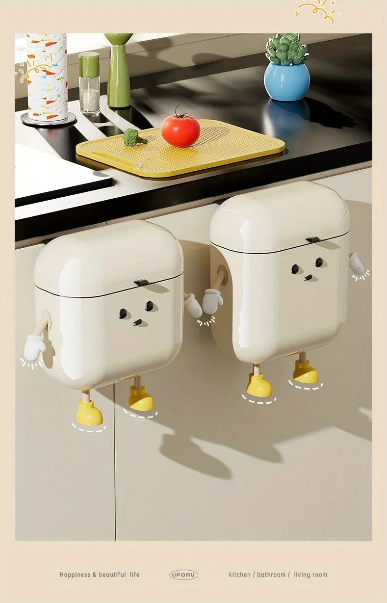 9L/12L Cartoon Hanging Trash Can With Lid Large Capacity No-Drill Wall Mounted Waste Bin Kitchen Bathroom Plastic Includes Hooks
