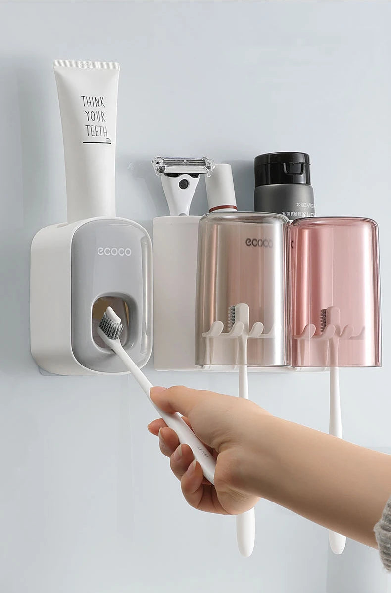 ECOCO Bathroom Toothbrush Holder Organizer with Cup Toothpaste Squeezer Dispenser Wall Storage Rack Bathroom Accessories Shelf