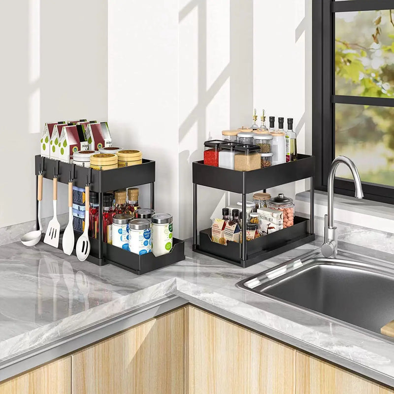 2Packs Under Sink Organizer Sliding Cabinet Basket Organizer Storage Rack with Hooks Hanging Cup Bathroom Kitchen Organizer