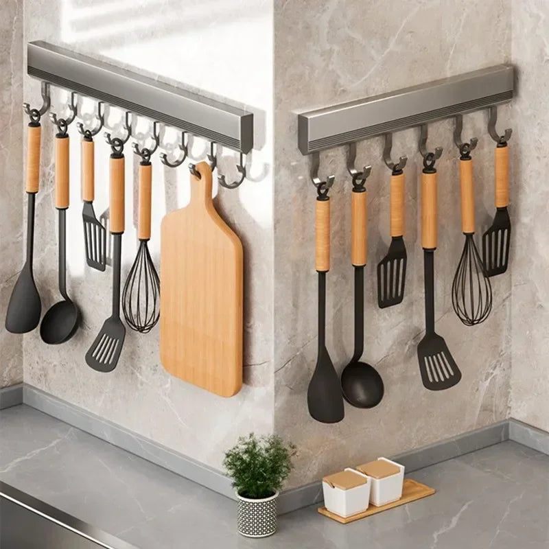 Aluminum Alloy Hooks Rack Wall Mounted Drill-Free Kitchen Utensils Storage Row Hook Holder Bathroom Robe Towel Coat Hangers