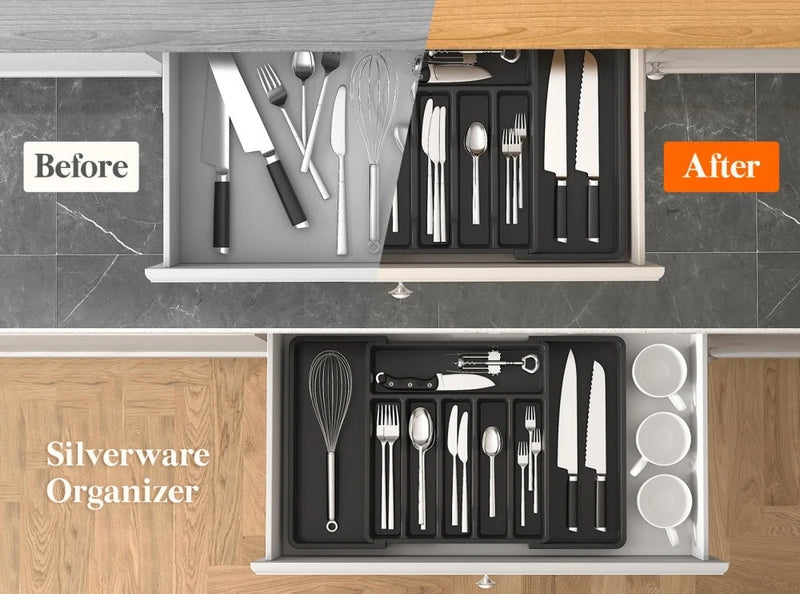 Silverware Drawer Organizer Expandable Utensil Tray for Kitchen Adjustable Flatware and Cutlery Holder Black Cutlery Organiser