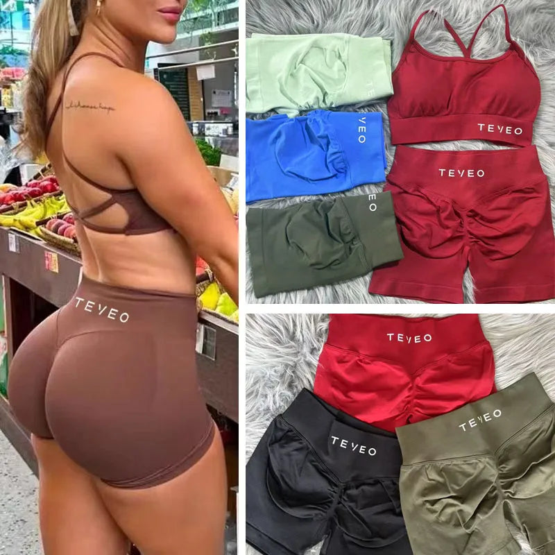 teveo Women's Yoga Shorts Stretch Breathable Peach Hip Hip Fitness Running Shorts Hip High Stretch Sweat Wicks Running Shorts