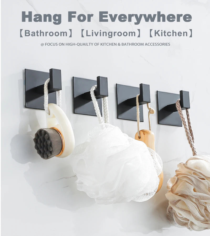 1-4Pcs Strong Adhesive Wall Hook Sticker Hanging Coat Rack Clothes Hanger Shower Robe 3M Hook Kitchen Bathroom Towel hooks Black