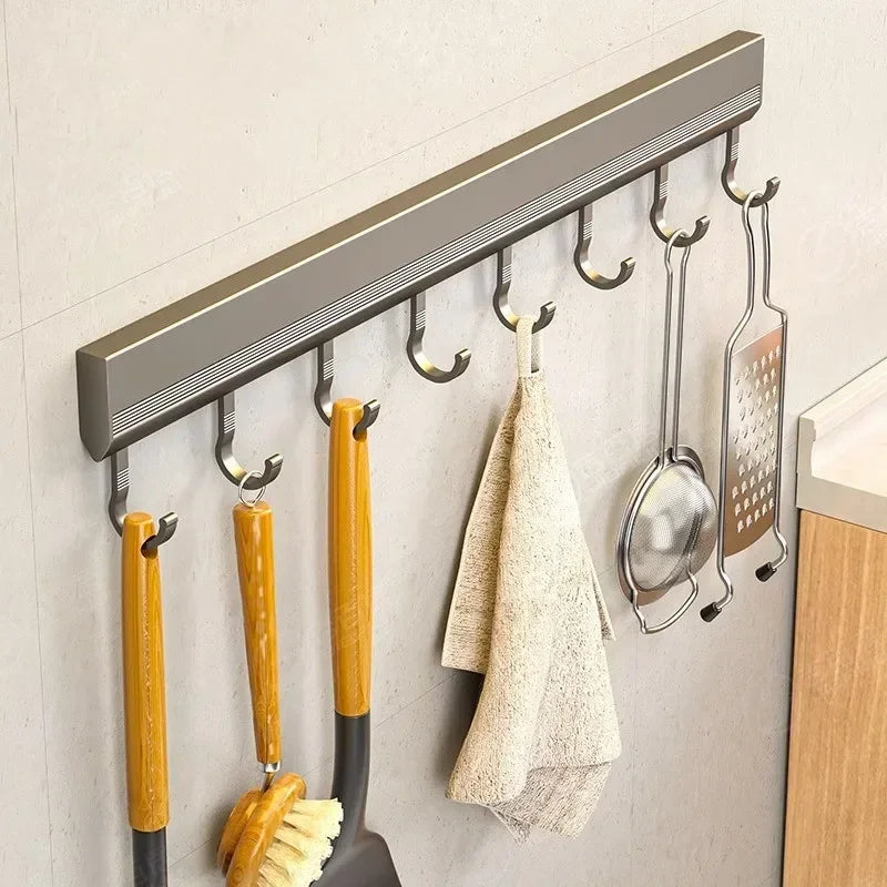 Aluminum Alloy Hooks Rack Wall Mounted Drill-Free Kitchen Utensils Storage Row Hook Holder Bathroom Robe Towel Coat Hangers
