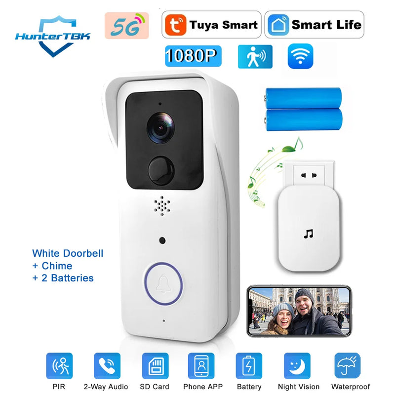5G 2.4G WiFi Video Doorbell 1080P Tuya Smart Outdoor Wireless Intercom Waterproof Wireless Camera with AC/DC Power Ringing Bell
