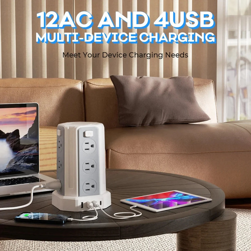 SMALLRT Surge Protector Power Strip Tower with 12 Outlets 4 USB Ports, 10ft Cord Electric Charging Station