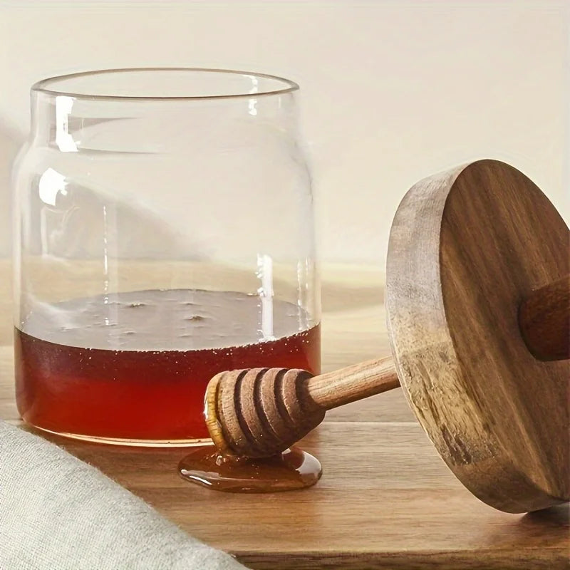 1/2/3pc Glass Honey Jar Honey Pot Airtight Advanced Glass Sealed Tank Mixing Rod with Wooden Cover Transparent Honey Bottle
