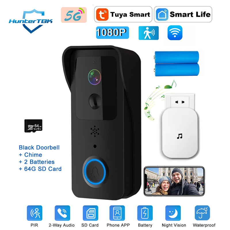 5G 2.4G WiFi Video Doorbell 1080P Tuya Smart Outdoor Wireless Intercom Waterproof Wireless Camera with AC/DC Power Ringing Bell