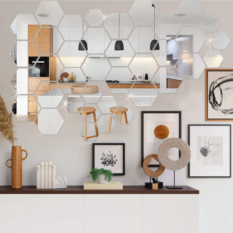 24/6Pc 3D Mini Mirror Wall Stickers Acrylic Self Adhesive Removable Hexagon Wall Decals Living Room Bedroom Art Mirror Ornaments