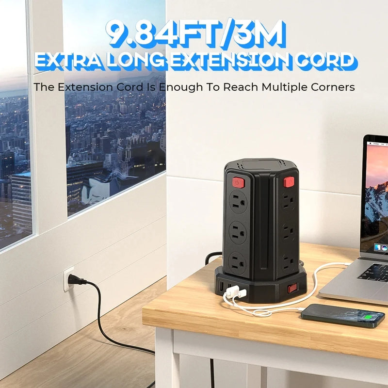 SMALLRT Surge Protector Power Strip Tower with 12 Outlets 4 USB Ports, 10ft Cord Electric Charging Station