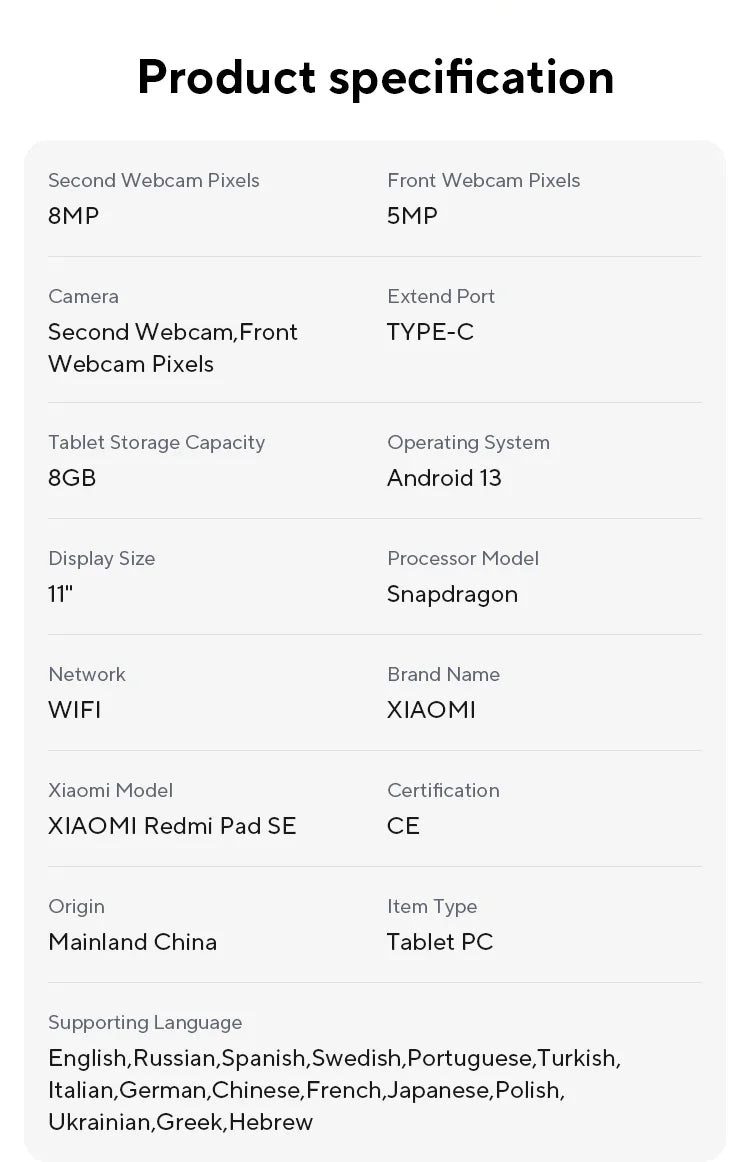 Xiaomi Redmi Pad SE 11 6GB/128GB 8GB/256GB Wifi EU Charger Global Version