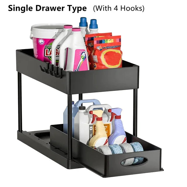 2Packs Under Sink Organizer Sliding Cabinet Basket Organizer Storage Rack with Hooks Hanging Cup Bathroom Kitchen Organizer