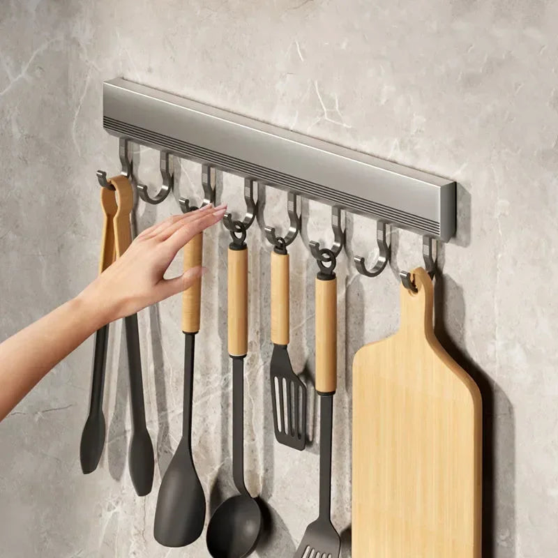 Aluminum Alloy Hooks Rack Wall Mounted Drill-Free Kitchen Utensils Storage Row Hook Holder Bathroom Robe Towel Coat Hangers