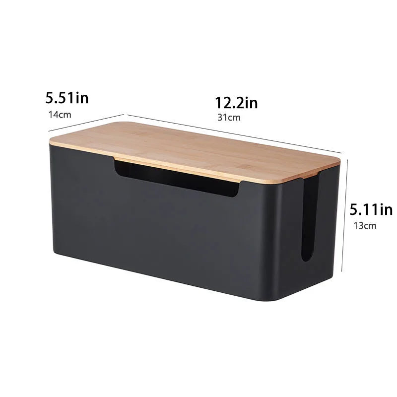 Cable Management Box with Bamboo Lid for Extension Cord Power Stripe Surge Protector Wire Concealer Organizer Cover Hider