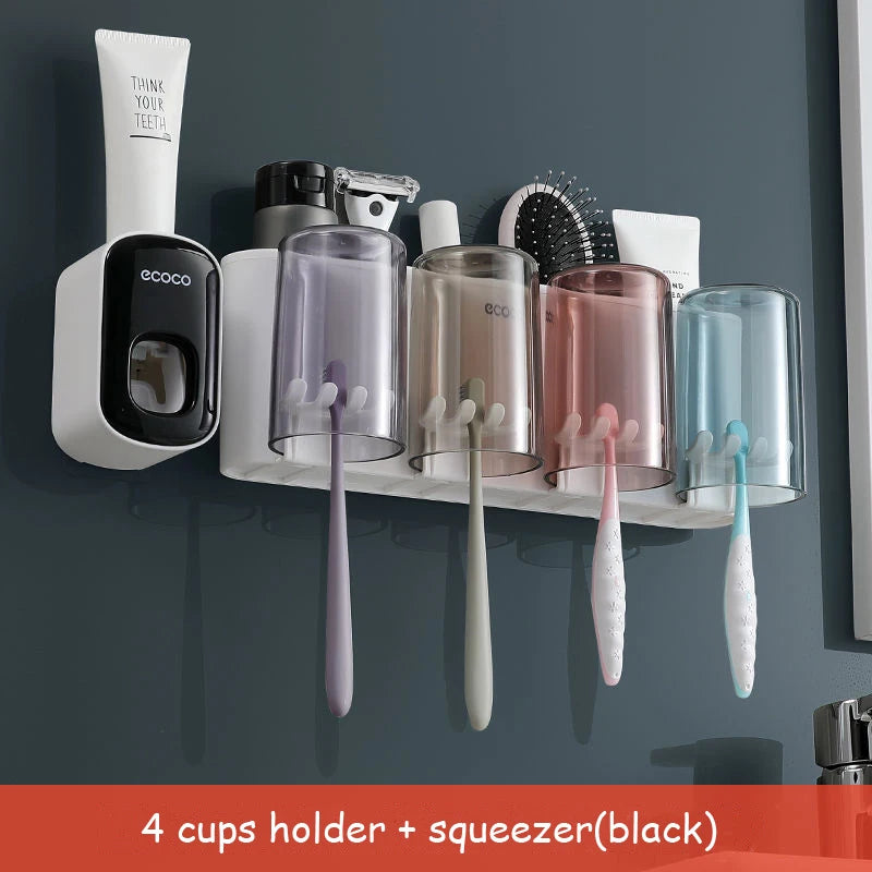 ECOCO Bathroom Toothbrush Holder Organizer with Cup Toothpaste Squeezer Dispenser Wall Storage Rack Bathroom Accessories Shelf