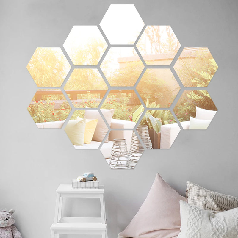 24/6Pc 3D Mini Mirror Wall Stickers Acrylic Self Adhesive Removable Hexagon Wall Decals Living Room Bedroom Art Mirror Ornaments