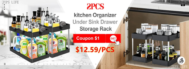 2Packs Under Sink Organizer Sliding Cabinet Basket Organizer Storage Rack with Hooks Hanging Cup Bathroom Kitchen Organizer
