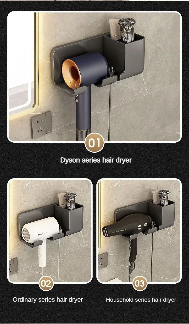 1 Wall Mounted Hair Dryer Bracket Bathroom Shelves Punch-free Drilling Storage Rack Space Saving Care Tools No Punching Air Duct