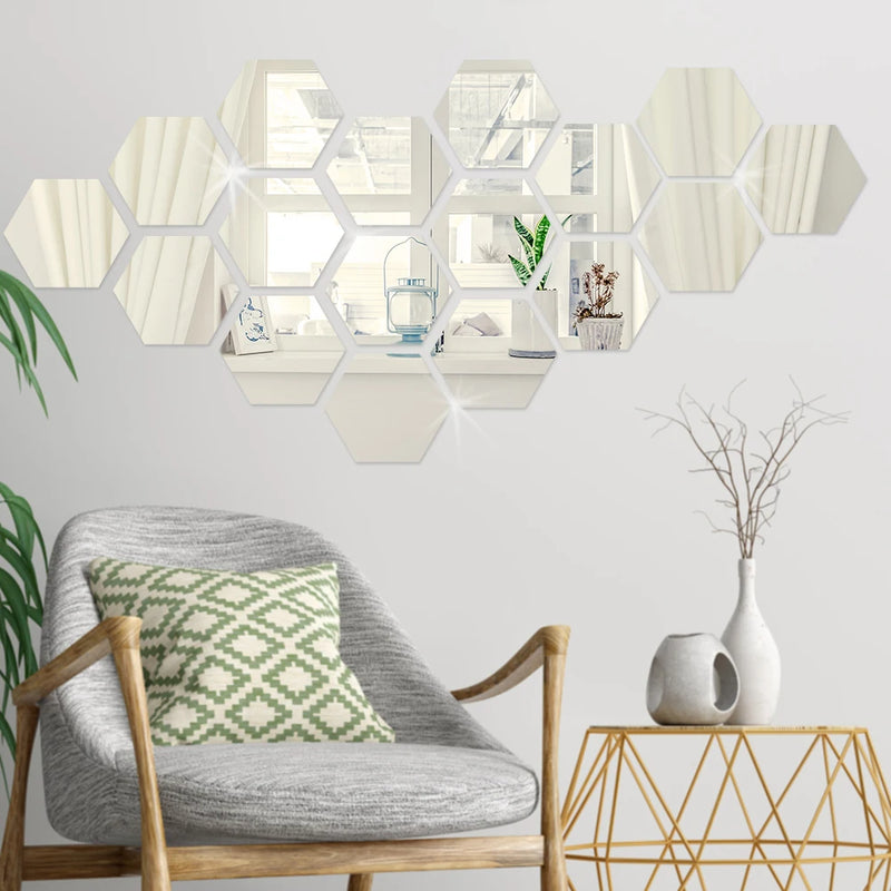 24/6Pc 3D Mini Mirror Wall Stickers Acrylic Self Adhesive Removable Hexagon Wall Decals Living Room Bedroom Art Mirror Ornaments