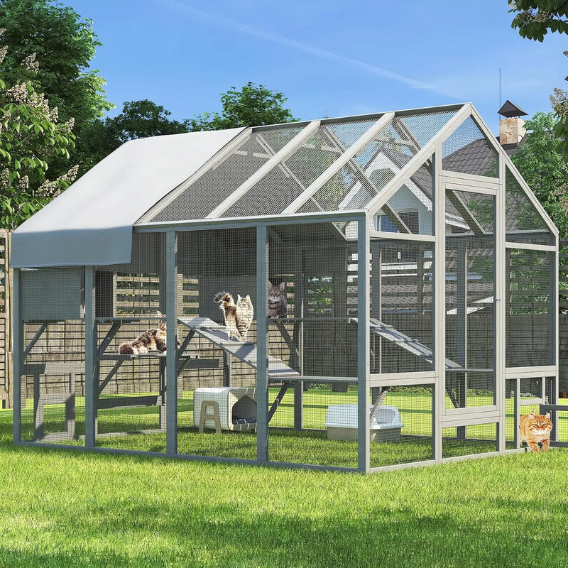 Cat Catio, Large Catio Outdoor Cat Enclosure for Multiple Cats with 7 Platforms, 2 Resting Box and 2 Bridges, Wooden