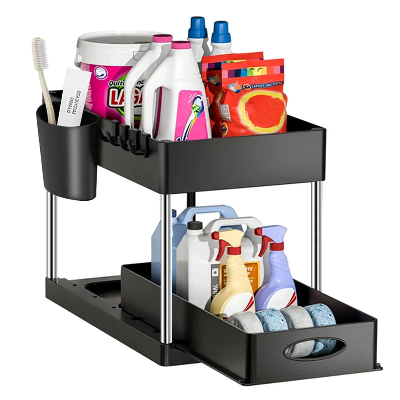 2Packs Under Sink Organizer Sliding Cabinet Basket Organizer Storage Rack with Hooks Hanging Cup Bathroom Kitchen Organizer