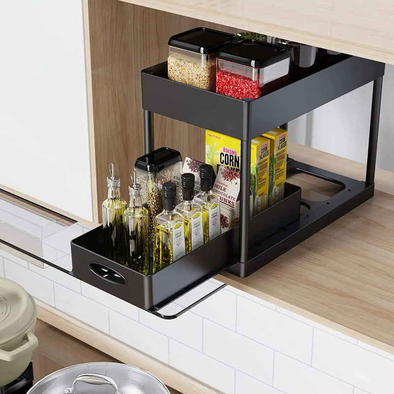 2Packs Under Sink Organizer Sliding Cabinet Basket Organizer Storage Rack with Hooks Hanging Cup Bathroom Kitchen Organizer