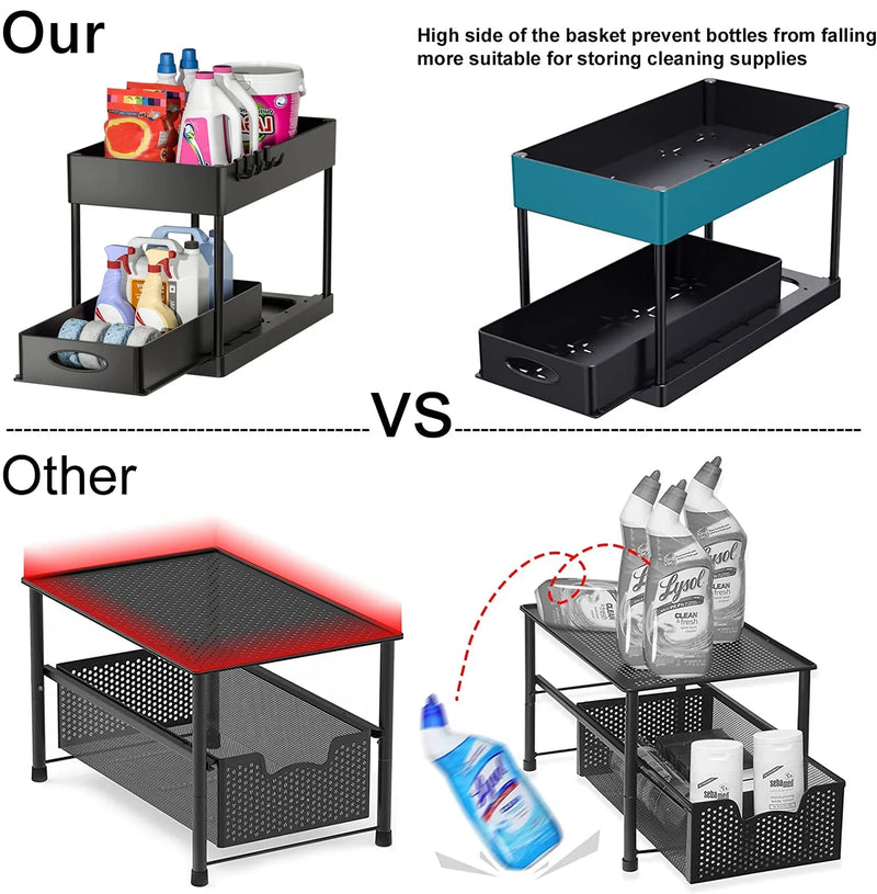2Packs Under Sink Organizer Sliding Cabinet Basket Organizer Storage Rack with Hooks Hanging Cup Bathroom Kitchen Organizer