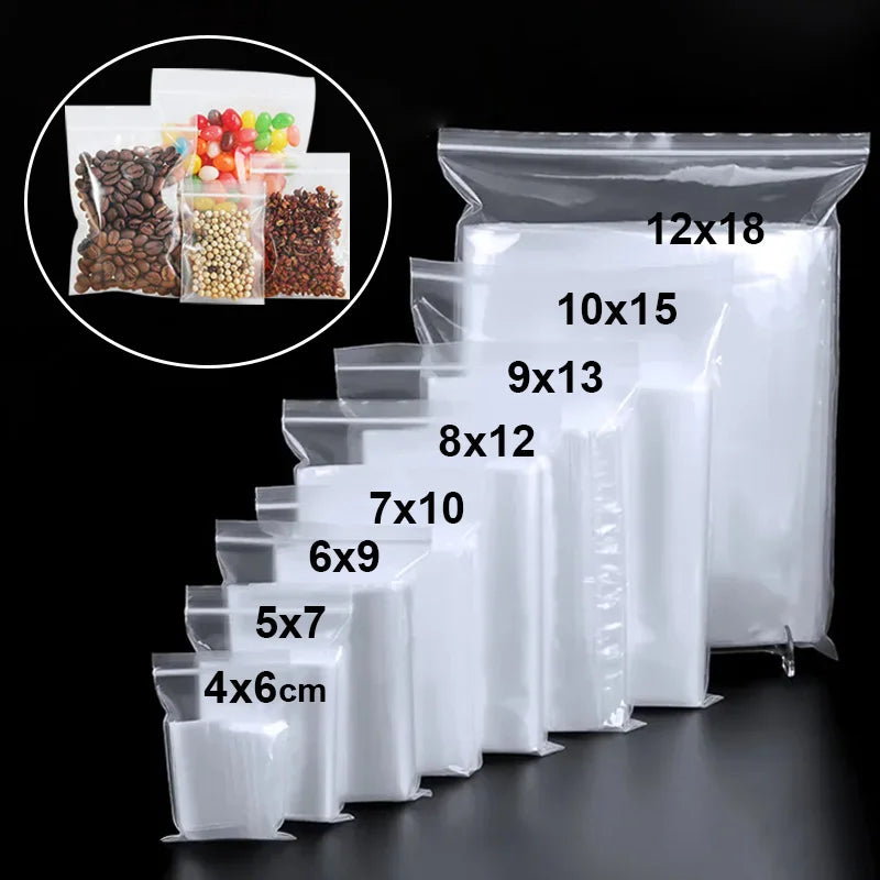 300/100PCS Transparent Zip Bags Food Jewelry Vacuum Storage Bag Plastic Thicken Reclosable Poly Bag Kitchen Organization Package