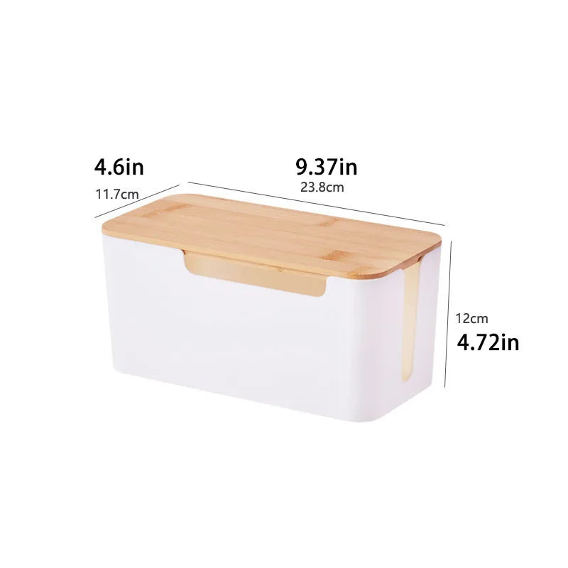 Cable Management Box with Bamboo Lid for Extension Cord Power Stripe Surge Protector Wire Concealer Organizer Cover Hider
