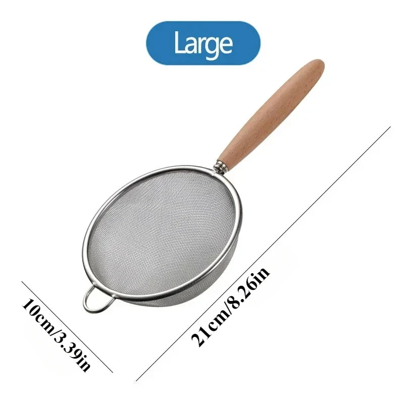 Wooden Handle Stainless Steel Small Colander Fine Mesh Oil Strainer Multi-function Filter Mesh Flour Sifter Kitchen Baking Tools