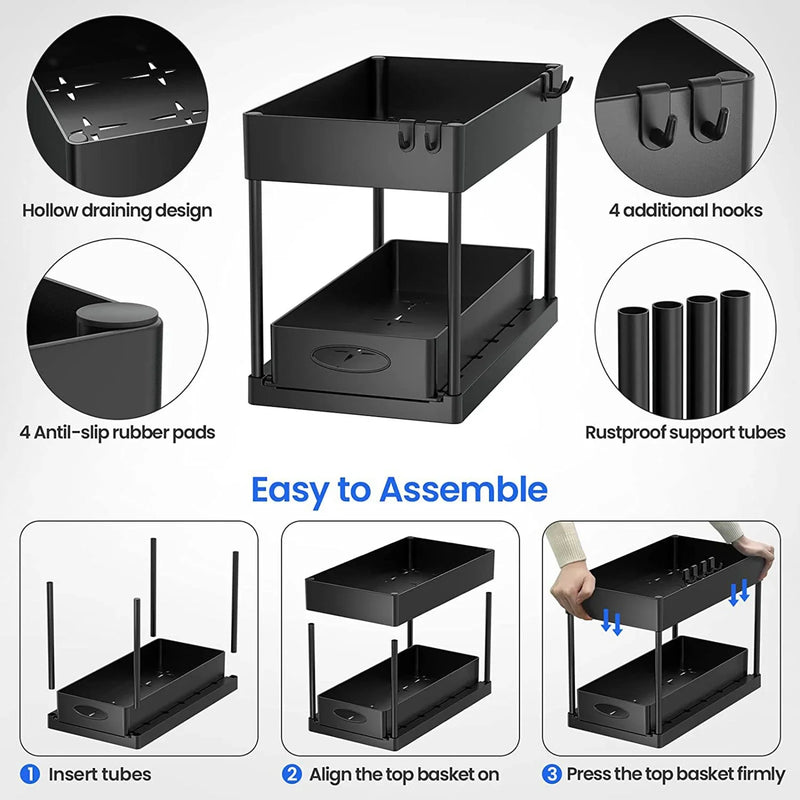 2Packs Under Sink Organizer Sliding Cabinet Basket Organizer Storage Rack with Hooks Hanging Cup Bathroom Kitchen Organizer