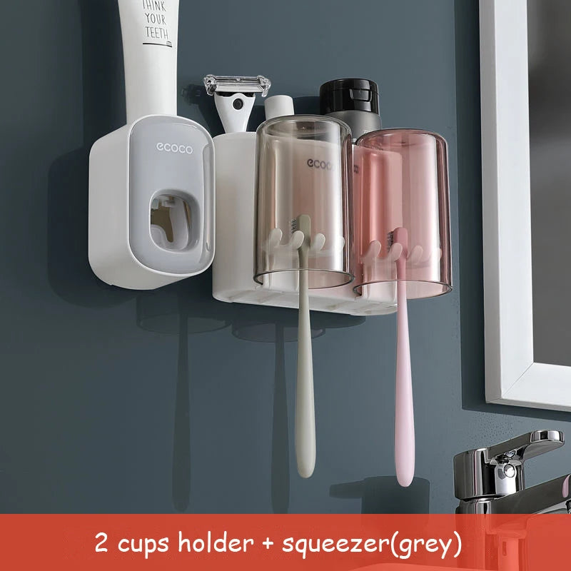 ECOCO Bathroom Toothbrush Holder Organizer with Cup Toothpaste Squeezer Dispenser Wall Storage Rack Bathroom Accessories Shelf