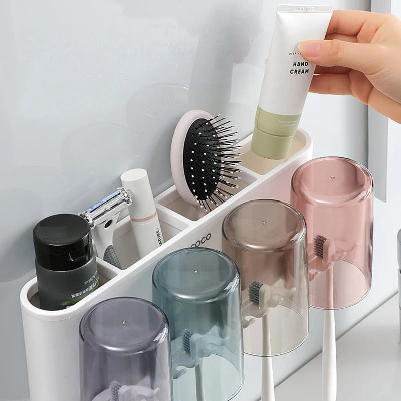 ECOCO Bathroom Toothbrush Holder Organizer with Cup Toothpaste Squeezer Dispenser Wall Storage Rack Bathroom Accessories Shelf