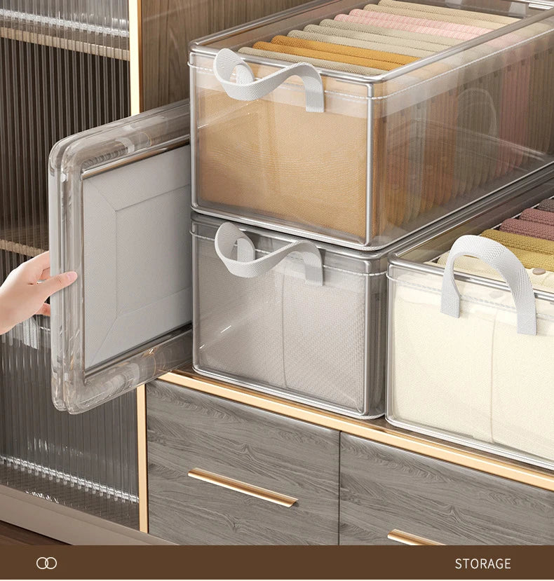 8PCS Storage Box Transparent Foldable Stackable Organizers with Steel Frames and Reinforced Handles for Clothes Books Sundries