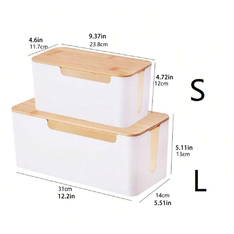 Cable Management Box with Bamboo Lid for Extension Cord Power Stripe Surge Protector Wire Concealer Organizer Cover Hider