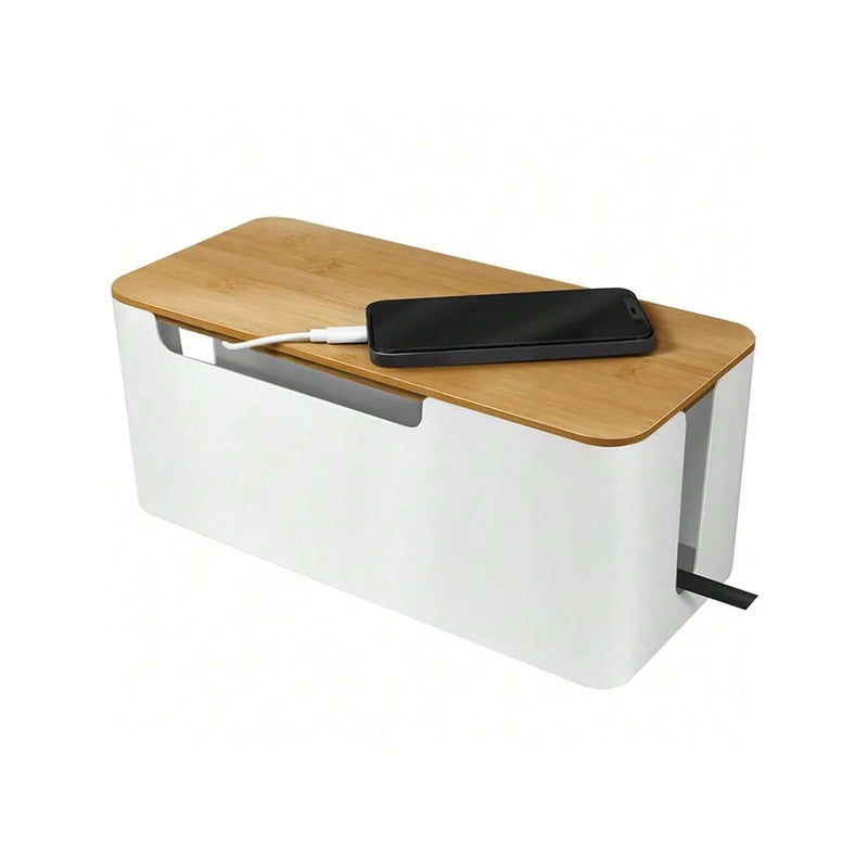 Cable Management Box with Bamboo Lid for Extension Cord Power Stripe Surge Protector Wire Concealer Organizer Cover Hider