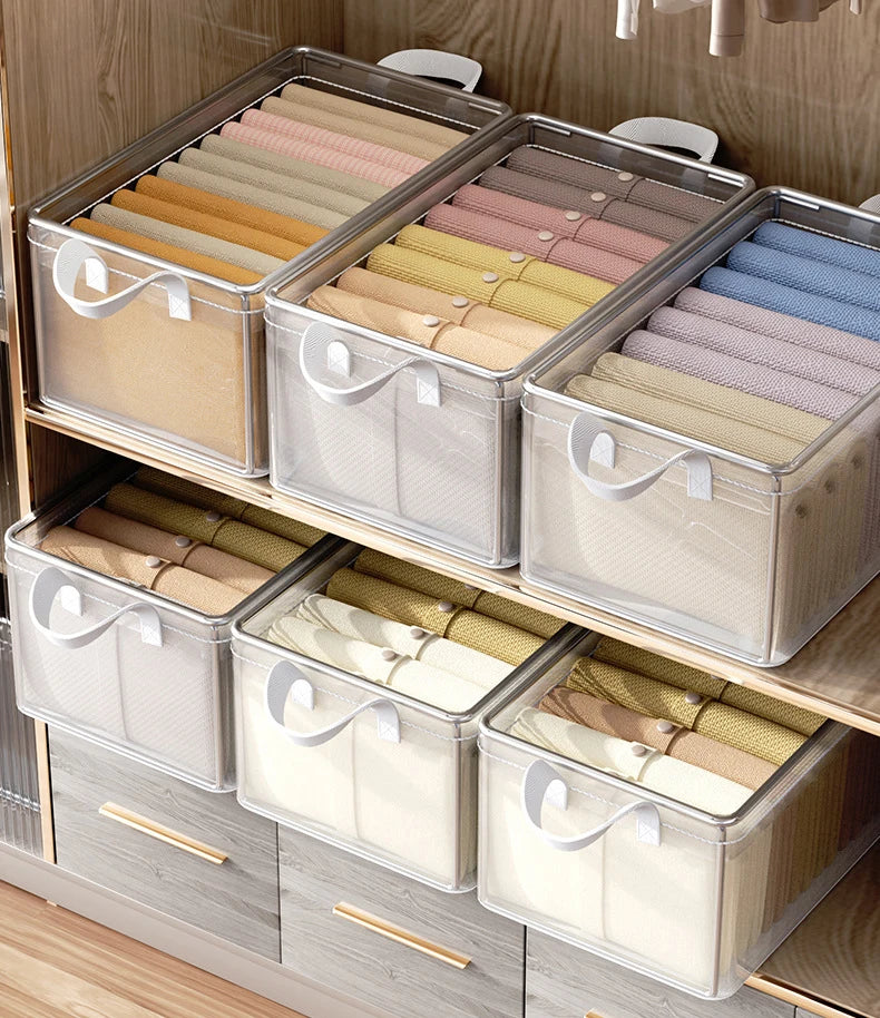 8PCS Storage Box Transparent Foldable Stackable Organizers with Steel Frames and Reinforced Handles for Clothes Books Sundries
